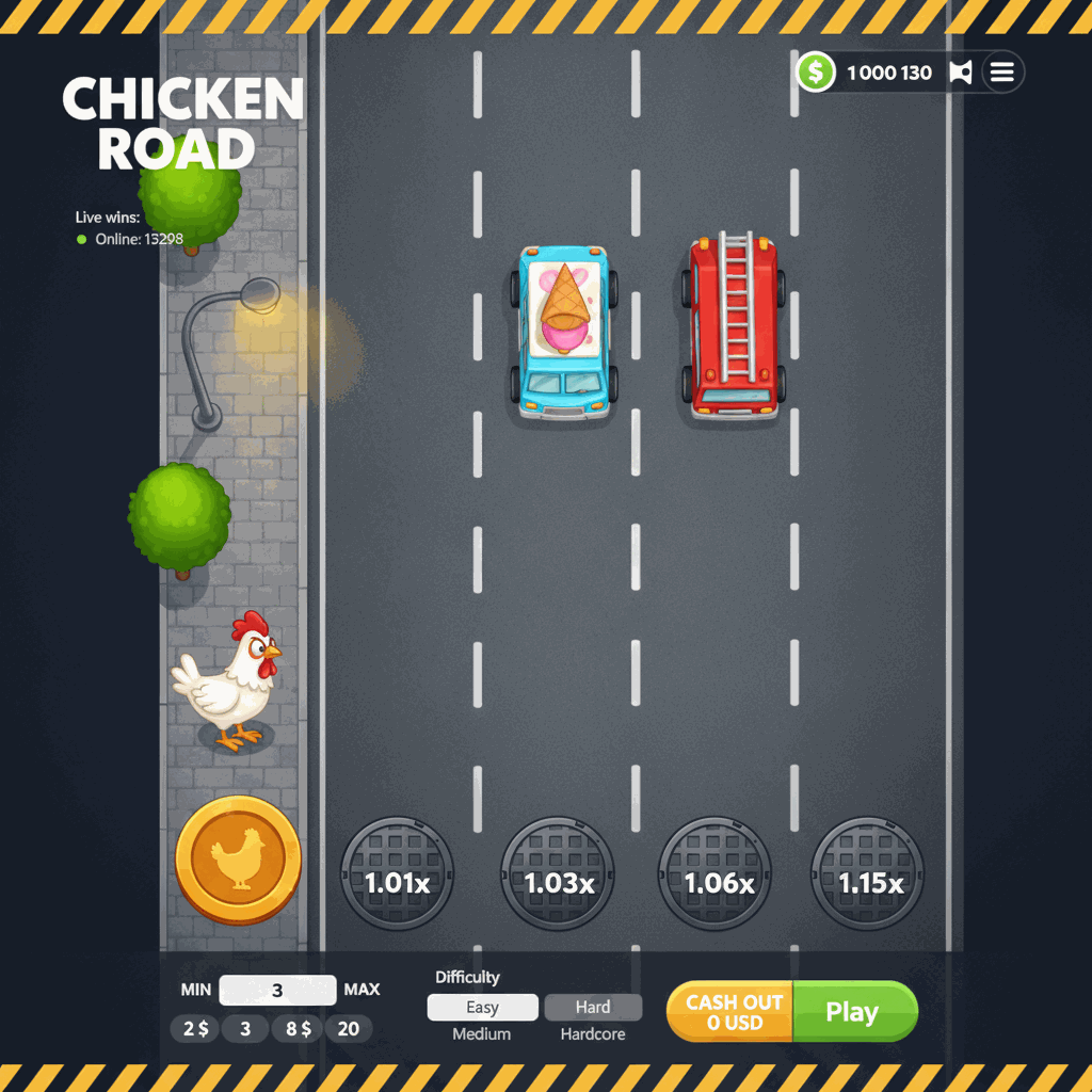 Chicken Road Crash-Spiel von InOut zeigt ein weißes Cartoon-Huhn, das eine mehrspurige dunkle Asphaltstraße mit weißen Fahrbahnmarkierungen überquert, umgeben von städtischer Kulisse mit grünen Bäumen und Straßenlampen in Retro-Arcade-Grafik von oben betrachtet